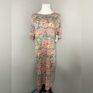 LuLaRoe Julia Dress Gray with Multicolored Florals Midi Form Fitting